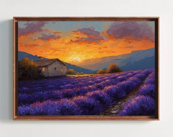 Provence Lavender Canvas Print, Sunset Landscape Fine Art, French Country Decor, Impasto Floral Painting