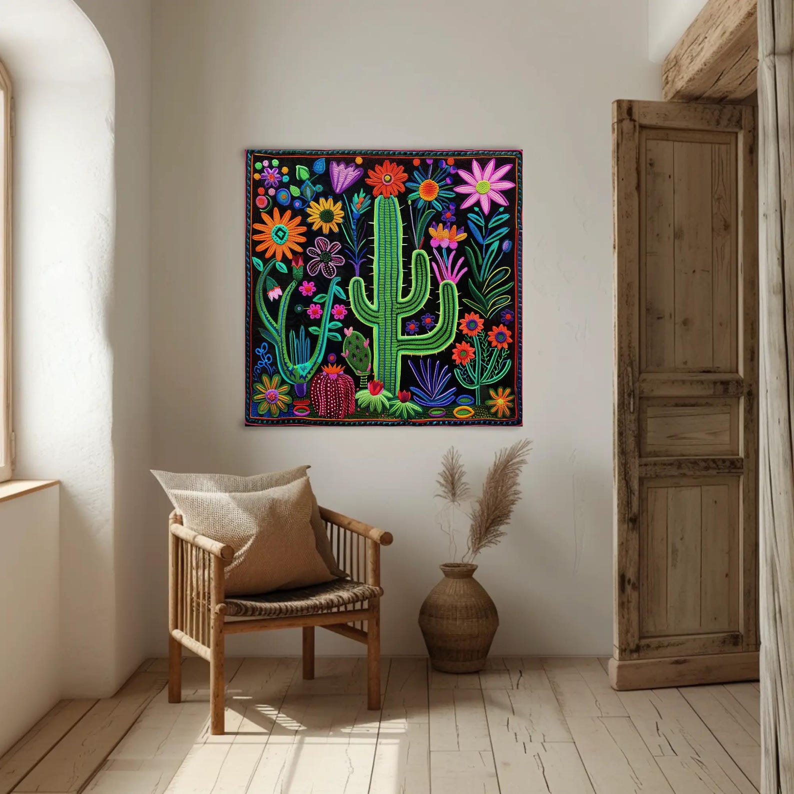Mexican Cactus Flower Canvas Wall Art | Huichol Yarn Painting Style ...