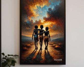 African Children Art Print, Sunset Landscape, Black Art Home Decor