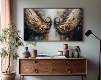 Angel Wings Canvas Painting: Abstract Religious Wall Art, Framed Print