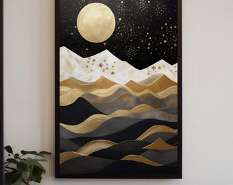 May include: A framed wall art print featuring a landscape of layered mountains in shades of black, gold, and white. A large, solid gold moon sits in a dark black sky filled with scattered gold stars above the white mountain peaks.