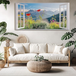 Mountain and Flowers 3D Faux Window View - Scenic Nature Canvas Art - Fake Window Canvas - Realistic Wall Decor for Living Room & Bedroom