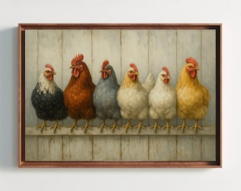 Farmhouse Hen Wall Art, Rustic Chicken Rooster Canvas Print, Country Kitchen Barn Decor