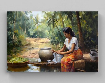 South Indian Woman Canvas Print, River Scene, Home Decor