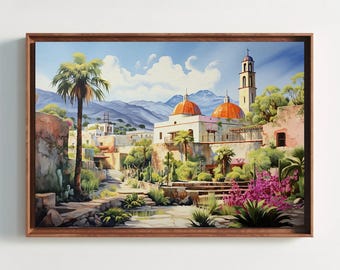 Mexican Town Watercolor Painting, Colorful Canvas Wall Art