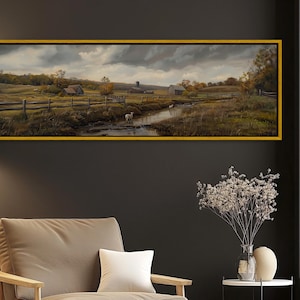 Sheep Grazing by River Canvas Print, Rustic Vintage Farmhouse Landscape, Extra Large Panoramic Animal Wall Art for Country Home, Cottage