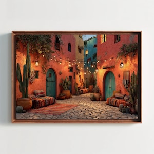Mexican Courtyard Canvas Print, Mexico Wall Art, Bohemian Fine Art, Terracotta Decor, Rustic Desert Painting