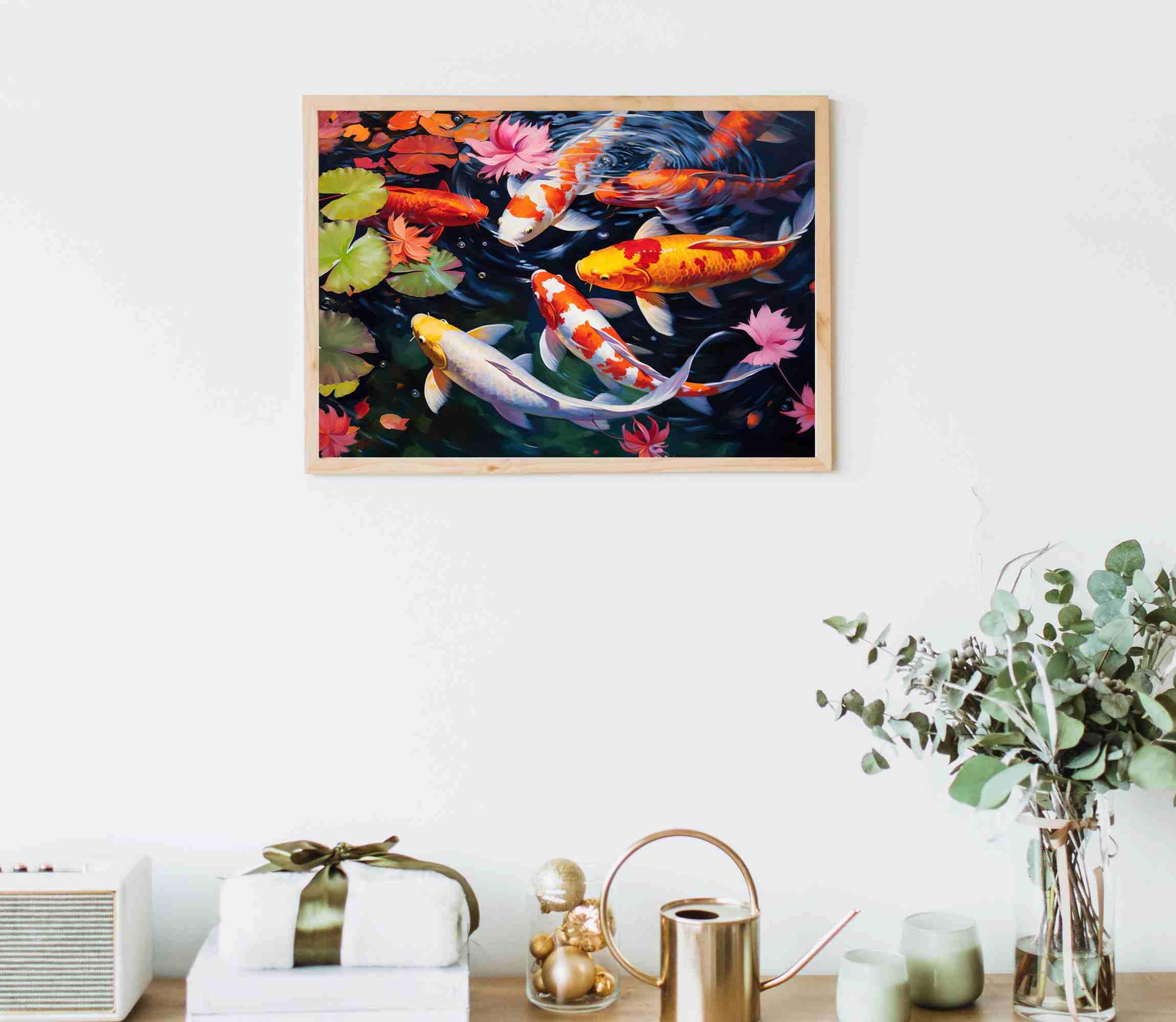 カラフルな鯉の池のキャンバス、大きな壁アート - Etsy 日本