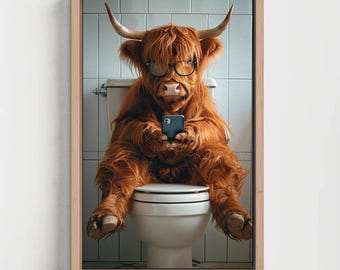 Highland Cow Bathroom Canvas Print: Funny Toilet Humor Wall Art