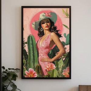 Latina Cowgirl with Cactus and Flowers Canvas Print, Southwestern Wall Art, Vibrant Mexican Decor, Cowgirl Floral Art, Ready to Hang