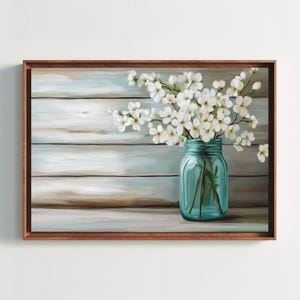 White blossoms in aqua mason jar canvas print, rustic wood background oil painting, farmhouse floral wall art for cozy home decor