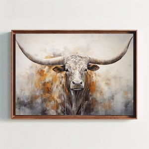 Longhorn Cow Abstract Painting, Texas Longhorn Wall Art, Framed CanvasPrint, Ready To Hang