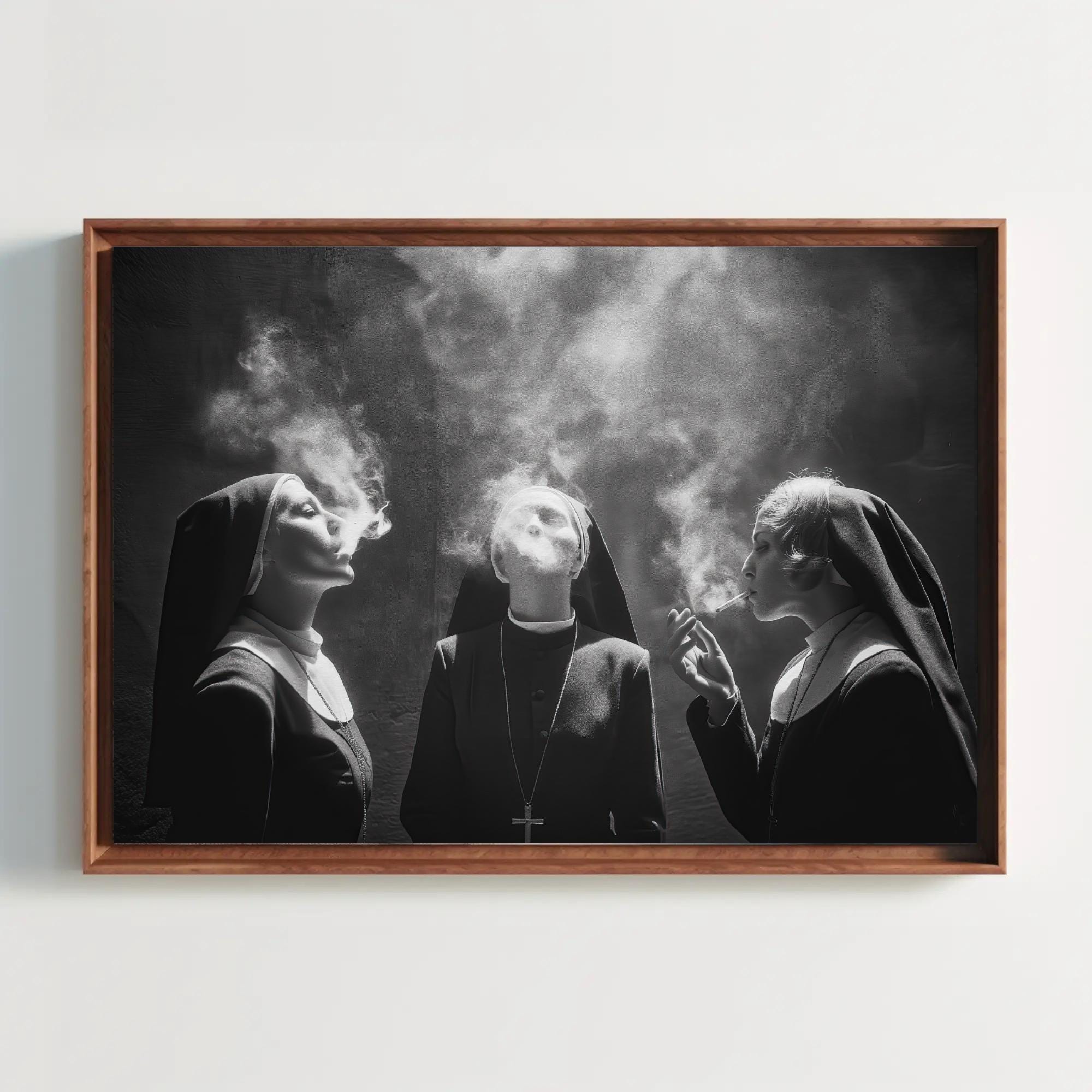 nun smoking cigarette Three Nuns Smoking Canvas Print, Extra Large Monochrome Wall Art,  Rebellious Black and White Photo for Modern Living Room or Creative Studio