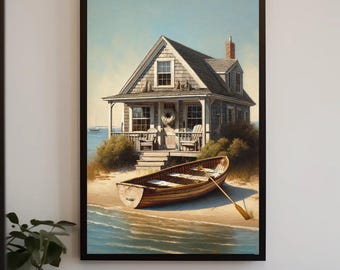 Seaside House Painting, Coastal Beach Home Art Print