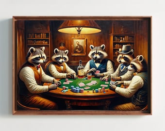 Raccoons Engaged in a Poker Game, Whimsical Oil Painting Framed Canvas Print, Playful Gambling Night Animal Artwork for Creative Decor