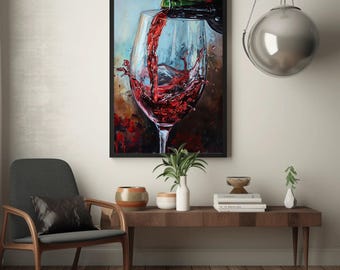 Red Wine Canvas Print, Modern Bar Wall Art, Ready to Hang