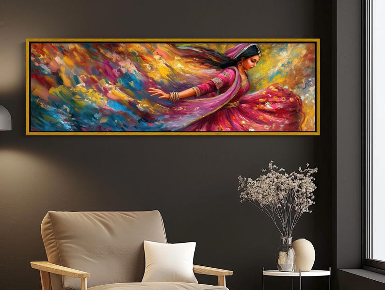 a painting hanging on a wall above a chair
