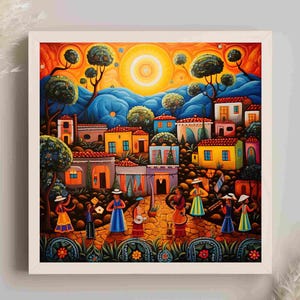 Mexican Folk Art Canvas Print, Colorful Village Scene
