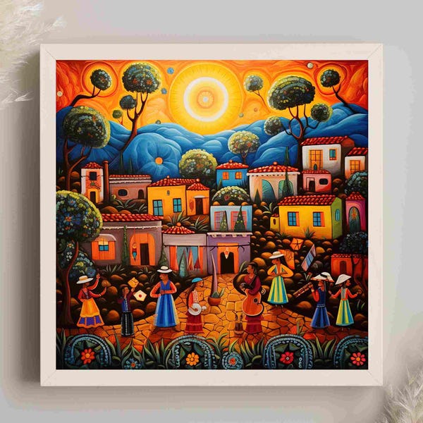 Mexican Folk Art Canvas Print, Colorful Village Scene