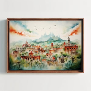 Mexican City Abstract Watercolor Painting, Modern Mexican Wall Art Decor, Colorful Art Print, Mexican Landscape Art, Mexican Canvas Print