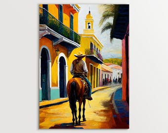 May include: An oil painting depicts a cowboy on horseback riding down a colorful street. The buildings are painted in vibrant yellows, oranges, and blues. The cowboy wears a hat and is seen from the back. The artwork evokes a sense of the American West.