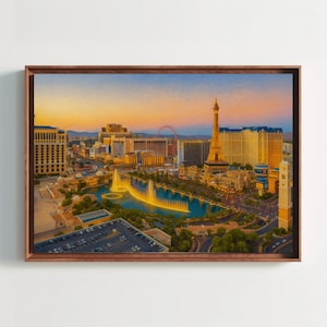 Las Vegas strip sunset canvas painting wall art for modern living room or game room decor with fountains skyline and Eiffel Tower print
