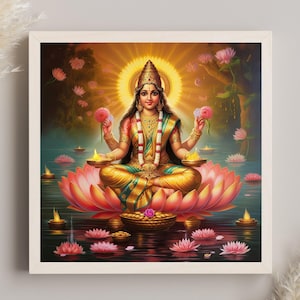 May include: A square framed wall art print depicting a deity seated in a lotus position on a large pink lotus flower. The figure wears gold jewelry and a yellow and green garment, holding lit oil lamps. The scene includes floating lotus flowers.