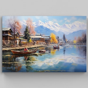 Kashmir Dal Lake Landscape Art Print | Kashmir Wall Art | Kashmiri Wall Decor | Indian Art | Kashmir Wall Art | Oil Painting