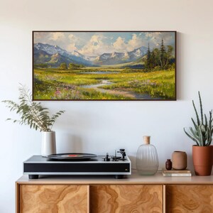 Vintage Meadow Landscape Canvas Print, Mountain River Art imagen 4