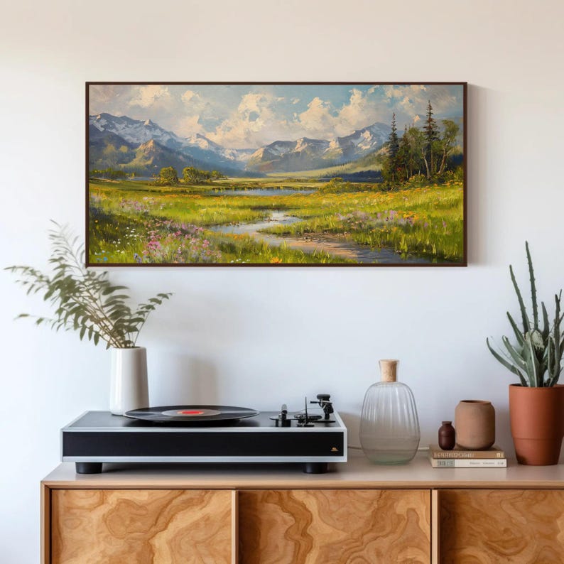 Vintage Meadow Landscape Canvas Print, Mountain River Art imagen 4