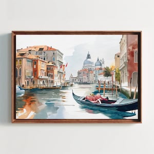Gondola Boats in Venice canals Watercolor Print, Venice Large Canvas Print, Italian Home Decor, Italy Wall Art, Framed Poster Ready To Hang