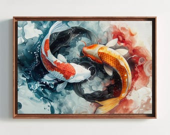 Impressão em aquarela de carpa koi - Tela emoldurada, arte japonesa