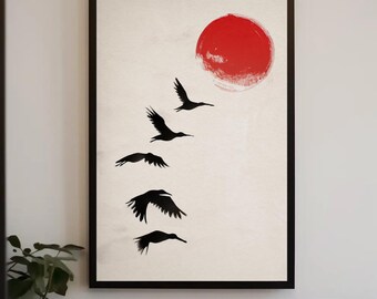 Boho Sun and Birds Canvas Print, Abstract Bohemian Wall Art