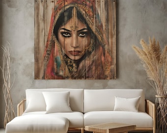 Indian Woman Canvas Print, Rustic Wood Wall Art, Ready To Hang