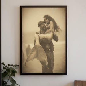 Vintage Mermaid and Sailor Canvas Print, Sepia-Toned Romantic Fantasy Wall Art, Ocean Love Story Decor for Beach Homes or Retro Lovers
