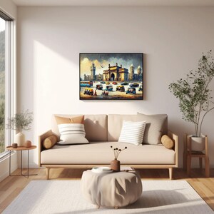 a living room with a couch and a painting on the wall