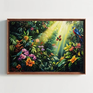 Tropical Jungle Canvas Print, Rainforest with Parrots Fine Art, Maximalist Wall Decor, Vibrant Nature Painting