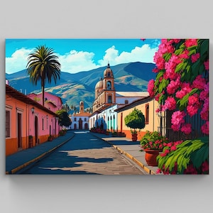 Mexican Landscape Painting, Mexican Village, Mexican Poster, Mexican Wall Art Decor, Floral Wall Print, Mexican Home Decor, Latino Art Print