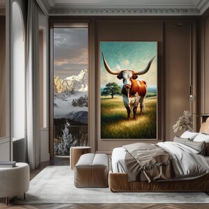 a bedroom with a painting of a cow on the wall