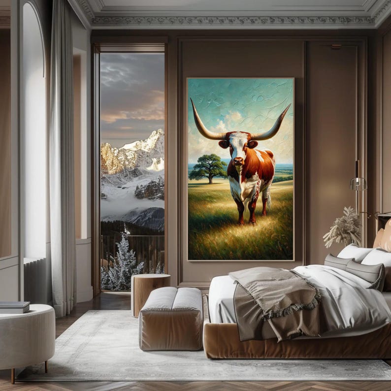 a bedroom with a painting of a cow on the wall
