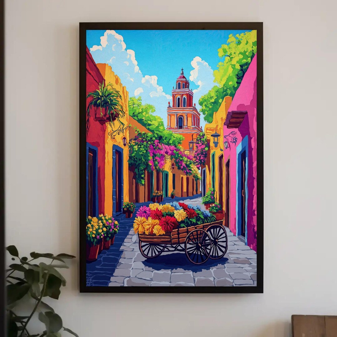Mexican Flower Cart Canvas Print | Colorful Street Scene, Framed