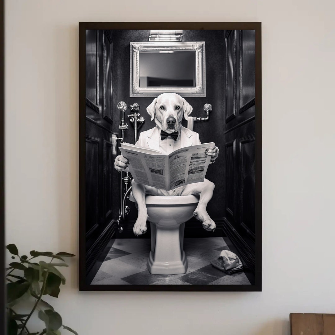 Labrador in White Suit Reading Newspaper on a Fancy Toilet Dog Lovers ...