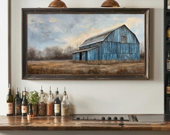 Blue Barn Landscape Canvas, Rustic Farmhouse Wall Art