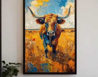 Texas Longhorn Cow Oil Painting | Rustic Western Framed Canvas Art