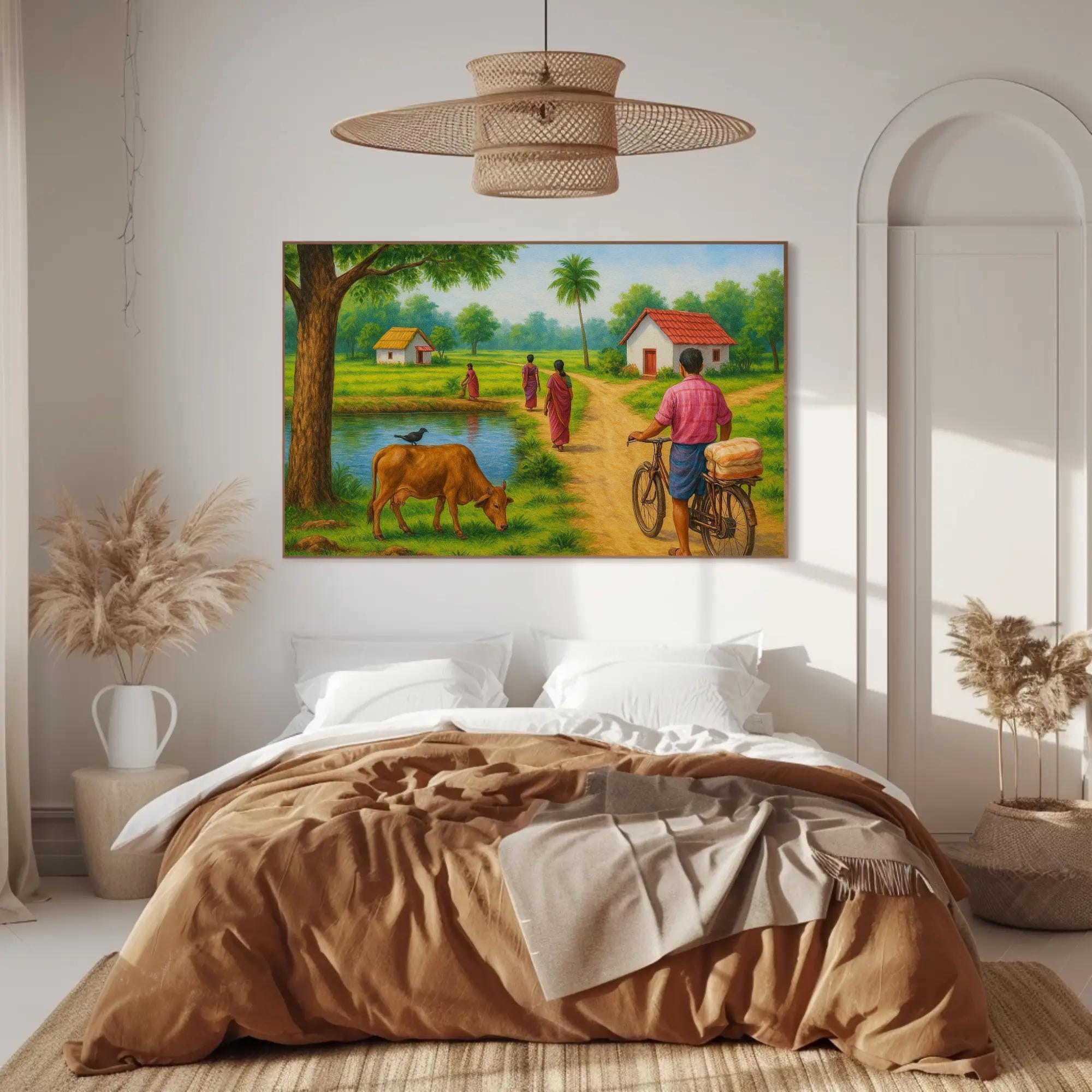 South Indian Village Art Print, Cows, Bicycle, Pond, Huts - Etsy