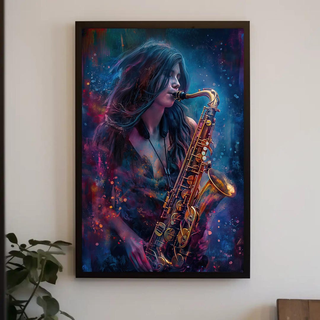 Saxophone Girl Canvas Painting, Framed Print, Musical Art