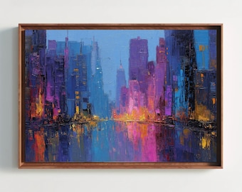 Textured Cityscape Canvas – Urban Skyline Oil Painting, Modern Wall Art