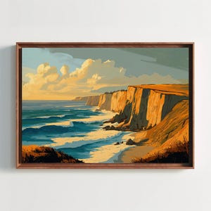 California Coastline Canvas Print, Modern Coastal Wall Art, Minimalist Ocean Painting for Living Room or Office Decor