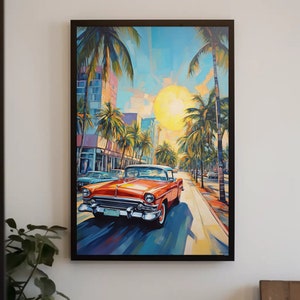 Modern Miami Street Oil Painting Canvas | Miami City Vertical Framed Print | Florida Home Decor | Miami Travel Art | Living Room Decor