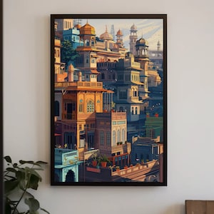 India Vertical Wall Art Indian Painting Extra Large Canvas Ancient Indian City Modern Wall Art Indian Home Decor Ready To Hang